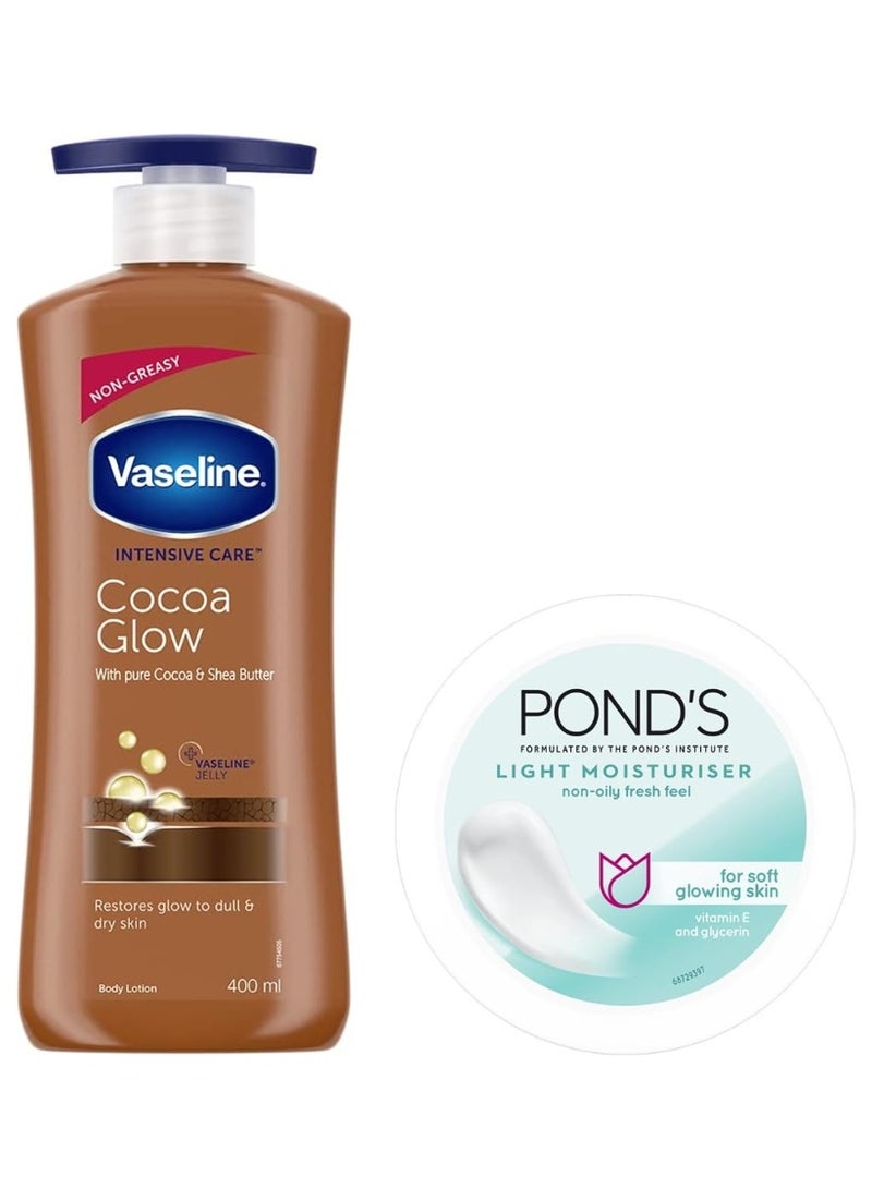 Vaseline Winter Care Combo: Cocoa Glow Lotion, 400Ml With Ponds Light Moisturiser 200Ml, For Soft & Glowing Skin - Image 1